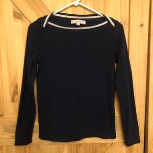 LOFT Women’s Blue Long Sleeve Tee With White Trim Along Neckline Size M